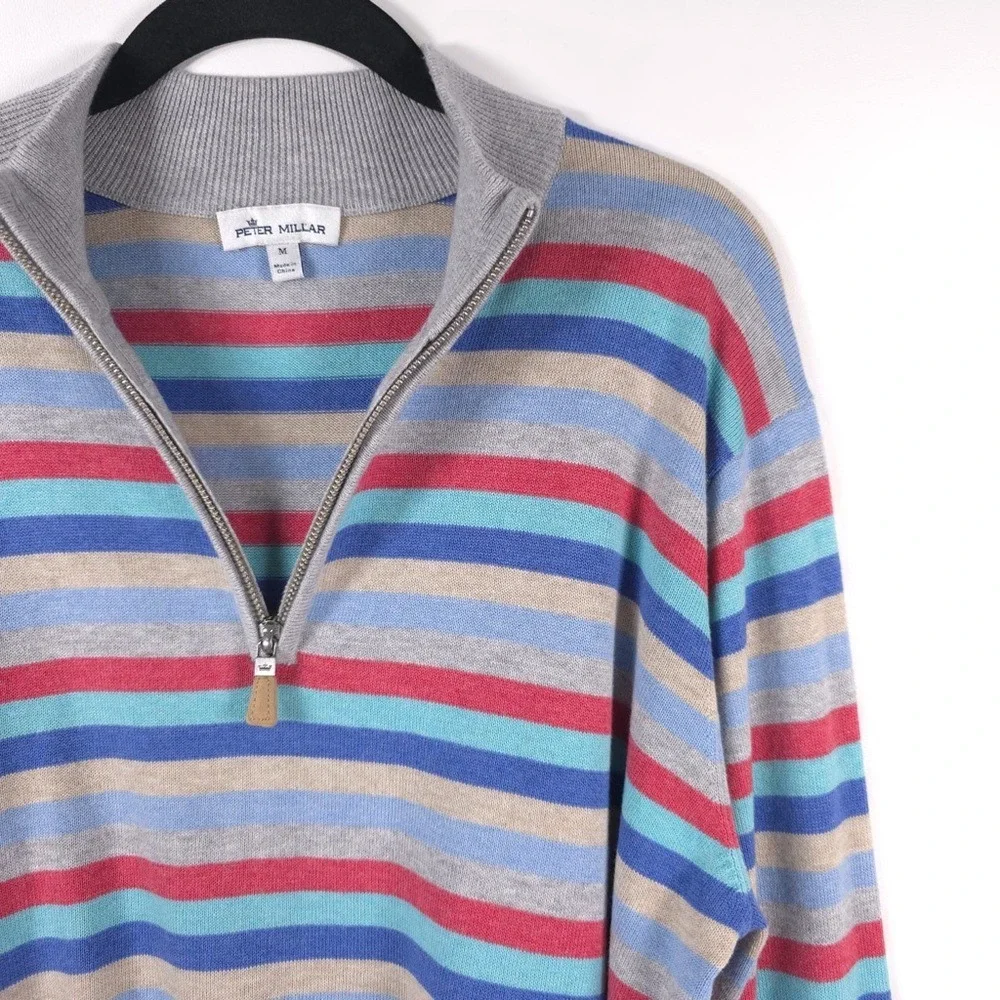PETER MILLAR SILK CASHMERE PIMA COTTON‎ Size M Striped 1/4 Zip Pullover Sweater